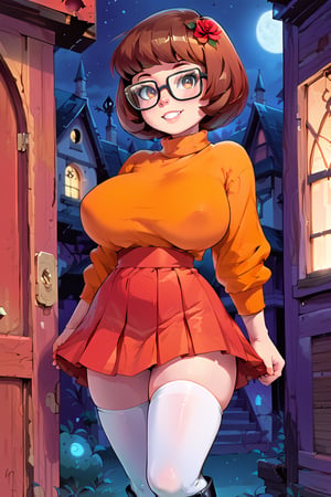 score_9, score_8_up, score_8, orange jumper, brown hair, bob hair cut, ((thick rimmed square glasses)), ((huge breasts)), sultry expression, in a haunted house at night, red skirt, slim waist, Velma dinkley, thighhighs, black boots,