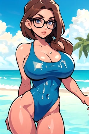 Masterpiece, Best Quality, orange swimsuit, at the beach. cleavage , brown hair, long bob hair cut, wet hair, ((thick rimmed square glasses)), ((large breasts)), perfect breasts, perfect face, perfect composition, ultra-detail, sultry expression, slim hourglass figure ,thepit, (cowboy shot),MADGIO,mssstyle