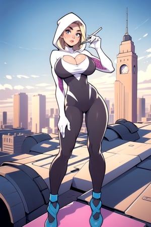 Masterpiece, Best Quality, perfect breasts, perfect face, perfect composition, UHD, 4k, ((1girl)), ((standing on a city roof)), surrounded by skyscrapers, busty woman, great legs, blonde hair, ((natural breasts)),gwen, bodysuit, web-print, ballet shoes, hood up, huge breasts, ((3/4 shot)),