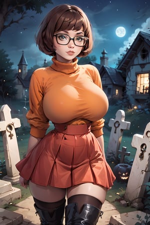 score_9, score_8_up, score_8, orange jumper, brown hair, bob hair cut, ((thick rimmed square glasses)), (huge breasts), sultry expression, in a graveyard at night, red skirt, slim waist, Velma dinkley, thighhighs, black boots,