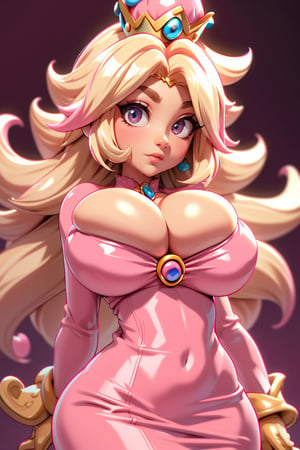 Masterpiece, Best Quality, perfect breasts, perfect face, perfect composition, UHD, 4k, ((1girl)), (((pink dress))), ((in super mario world)), busty woman, great legs, ((blonde hair)), ((long hair)),, ((natural breasts)), princess peach, 