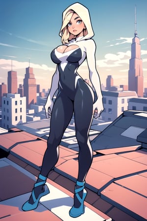 Masterpiece, Best Quality, perfect breasts, perfect face, perfect composition, UHD, 4k, ((1girl)), ((standing on a city roof)), surrounded by skyscrapers, busty woman, great legs, blonde hair, ((natural breasts)),gwen, bodysuit, web-print, ballet shoes, hood up, huge breasts, (upper-half body portrait),