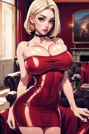 Masterpiece, Best Quality, perfect breasts, perfect face, perfect composition, UHD, 4k, ((1girl)), (((short red dress, bare shoulders))), ((in living room)), busty woman, great legs, ((blonde hair)), ((short hairstyle)), ((natural breasts)),Lisa