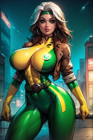 score_9, score_8_up, score_8, huge breasts, natural breasts, braless, narrow waist, sexy pose, in a city at night, 2d, cherrymousestreet, joey, rogue from the xmen, (green and yellow bodysuit, leather jacket),