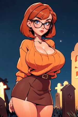 Masterpiece, Best Quality, perfect breasts, perfect face, perfect composition, perfect fingers, perfect hands, ultra-detail, (solo), highres, narrow waist, 40 years old, ((short red skirt)), ((thick orange jumper)), (((dark-brown Bob hair))), ((in a graveyard at night)), looking sexy, busty woman, ((natural breasts)), ((cowboy shot)), (huge breasts), black rimmed glasses,