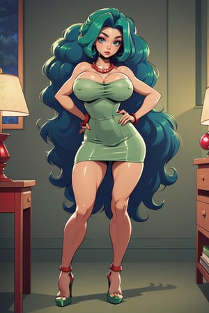 Masterpiece, Best Quality, perfect breasts, perfect face, perfect composition, UHD, highres, 4k, ((1girl)), dark brown eyes, (((short green dress))), bare shoulders, (((red pearl neacklace))), in a livingroom , busty woman, great legs, ((long blue hair)), ((natural breasts)),marge simpson