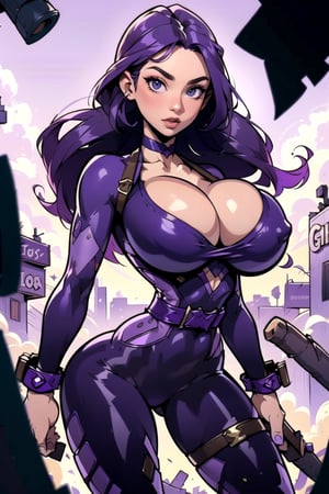 Masterpiece, Best Quality, perfect breasts, perfect face, perfect composition, UHD, highres, 4k, ((1girl)), dark brown eyes, (((purple outfit))), in an apocalyptic city, busty woman, great legs, ((purple hair)), ((natural breasts)),narrow waist,psylocke