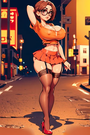 Masterpiece, Best Quality, perfect breasts, perfect face, perfect composition, perfect fingers, perfect hands, ultra-detail, (solo), highres, narrow waist, 40 years old, ((orange shirt)), ((short red skirt)), ((stockings and garter)), short hair, ((in a street)), busty woman, ((brown hair)), ((natural breasts)), ((thick rimmed glasses)), 