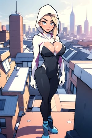 Masterpiece, Best Quality, perfect breasts, perfect face, perfect composition, UHD, 4k, ((1girl)), ((standing on a city roof)), busty woman, great legs, blonde hair, ((natural breasts)),gwen, bodysuit, web-print, ballet shoes, hood up,