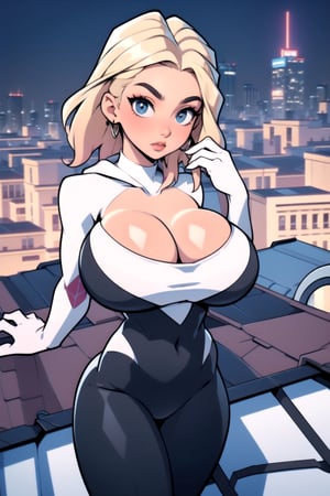 Masterpiece, Best Quality, perfect breasts, perfect face, perfect composition, UHD, 4k, ((1girl)), ((on a city roof)), at night, surrounded by skyscrapers, busty woman, great legs, blonde hair, ((natural breasts)),gwen, tight bodysuit, web-print, ballet shoes, hood down, huge breasts,