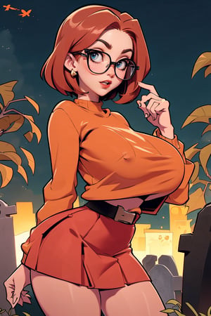 Masterpiece, Best Quality, perfect breasts, perfect face, perfect composition, perfect fingers, perfect hands, ultra-detail, (solo), highres, narrow waist, 40 years old, ((short red skirt)), ((thick orange jumper)), (((dark-brown Bob hair))), ((in a graveyard at night)), looking sexy, busty woman, ((natural breasts)), ((cowboy shot)), (huge breasts), black rimmed glasses,