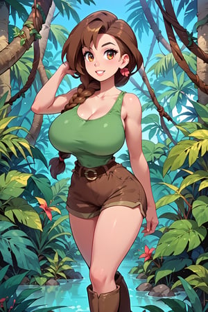 milfpeaches, score_9, score_8_up, score_8, 40 years old, tight green tank top, brown hair, long single braid hair, ((in a jungle)), looking sexy, busty woman, natural breasts, huge breasts, brown shorts, narrow waist, large brown boots,