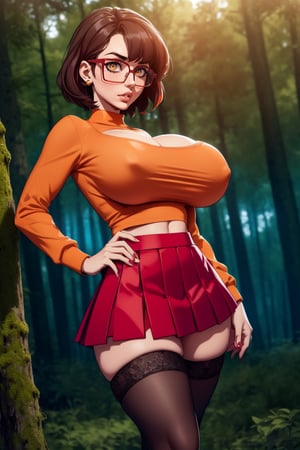 Masterpiece, Best Quality, perfect breasts, perfect face, perfect composition, UHD, 4k, (1girl), (((short red skirt))), (((long-sleeve orange  shirt))), in a forest, at night, busty woman, great legs, brown hair, short haircut, ((natural breasts)), ((square glasses)), ((black rimmed glasses)), thigh high stockings,