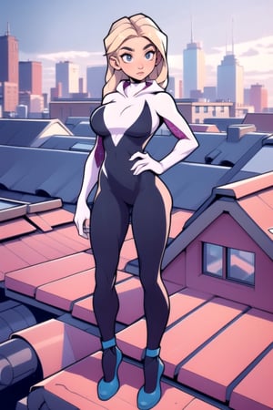 Masterpiece, Best Quality, perfect breasts, perfect face, perfect composition, UHD, 4k, ((1girl)), ((standing on a city roof)), busty woman, great legs, blonde hair, ((natural breasts)),gwen, bodysuit, web-print, ballet shoes, hood down
