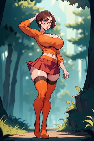 Masterpiece, Best Quality, perfect breasts, perfect face, perfect composition, UHD, 4k, (1girl), (((short red skirt))), (((long-sleeve orange  shirt))), in a forest, at night, busty woman, great legs, brown hair, short haircut, ((natural breasts)), ((square glasses)), ((black rimmed glasses)), thigh high stockings,