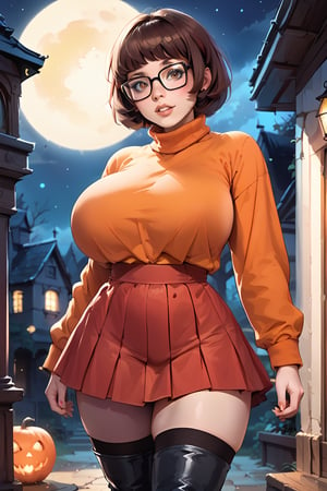 score_9, score_8_up, score_8, orange jumper, brown hair, bob hair cut, ((thick rimmed square glasses)), (huge breasts), sultry expression, in a haunted house at night, red skirt, slim waist, Velma dinkley, thighhighs, black boots,