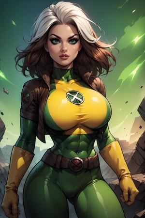 score_9, score_8_up, score_8, huge breasts, (rogue xmen outfit), narrow waist, in a destroyed city, sexy pose, 2d, long brown hair, (white hair fringe),joey,