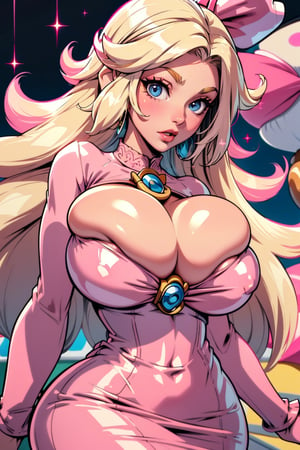 Masterpiece, Best Quality, perfect breasts, perfect face, perfect composition, UHD, 4k, ((1girl)), (((pink dress))), ((in super mario world)), busty woman, great legs, ((blonde hair)), ((long hair)),, ((natural breasts)), princess peach, 