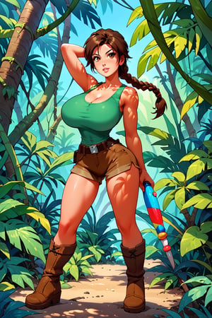 milfpeaches, score_9, score_8_up, score_8, 40 years old, tight green tank top, brown hair, long single braid hair, ((in a jungle)), looking sexy, busty woman, natural breasts, huge breasts, brown shorts, narrow waist, large brown boots,  Lara Croft ,