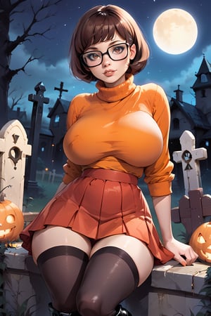 score_9, score_8_up, score_8, orange jumper, brown hair, bob hair cut, ((thick rimmed square glasses)), (huge breasts), sultry expression, in a graveyard at night, red skirt, slim waist, Velma dinkley, thighhighs, black boots,