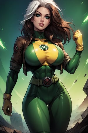 score_9, score_8_up, score_8, huge breasts, (rogue xmen outfit), narrow waist, in a destroyed city, sexy pose, 2d, long brown hair, (white hair fringe),joey,