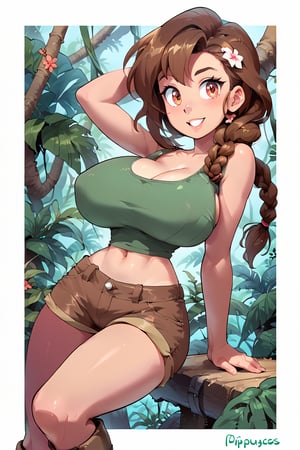 milfpeaches, score_9, score_8_up, score_8, 40 years old, tight green tank top, brown hair, long single braid hair, ((in a jungle)), looking sexy, busty woman, natural breasts, huge breasts, brown shorts, narrow waist, large brown boots,