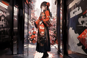 2girl,shake hands，Smile， long hair, black hair, hair ornament, long sleeves, dress, holding, jewelry, standing, full body, flower, earrings, hair flower, wide sleeves, necklace, tree, petals, chinese clothes, letterboxed, cherry blossoms, tassel, hand fan, folding fan, holding fan, hanfu,ancient_beautiful,perfect,hand