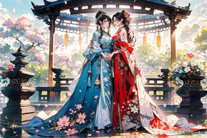 2 girls,Embrace,Smile, long hair, black hair, hair ornament, long sleeves, dress, holding, jewelry, standing, full body, flower, earrings, hair flower, wide sleeves, necklace, tree, petals, chinese clothes, letterboxed, cherry blossoms, tassel, hand fan, folding fan, holding fan, perfect detailed hands, realistic fingers, hanfu, ancient_beautiful,perfect,hand,More Detail,japanese art,(Extremely detailed CG unified 8k wallpaper), ,More Detail,yunjindef,horse penis,snow_crystal_background,Perfect Anything,Fairy in Clouds,better_hands,4girls,AF,Realistic,bzsohee,dudou, chinese camisole,guofeng,Chinese Clothes,sky lantern,firefliesfireflies
