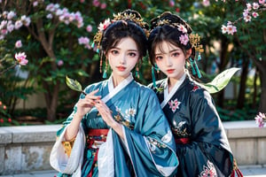 2 girls,Embrace,Smile, long hair, black hair, hair ornament, long sleeves, dress, holding, jewelry, standing, full body, flower, earrings, hair flower, wide sleeves, necklace, tree, petals, chinese clothes, letterboxed, cherry blossoms, tassel, hand fan, folding fan, holding fan, perfect detailed hands, realistic fingers, hanfu, ancient_beautiful,perfect,hand,More Detail,japanese art,(Extremely detailed CG unified 8k wallpaper), ,More Detail,yunjindef,horse penis,snow_crystal_background,Perfect Anything,Fairy in Clouds,better_hands,4girls,AF,Realistic,bzsohee,dudou, chinese camisole,guofeng,Chinese Clothes