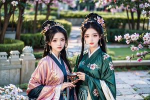 2 girls,Embrace,Smile, long hair, black hair, hair ornament, long sleeves, dress, holding, jewelry, standing, full body, flower, earrings, hair flower, wide sleeves, necklace, tree, petals, chinese clothes, letterboxed, cherry blossoms, tassel, hand fan, folding fan, holding fan, perfect detailed hands, realistic fingers, hanfu, ancient_beautiful,perfect,hand,More Detail,japanese art,(Extremely detailed CG unified 8k wallpaper), ,More Detail,yunjindef,horse penis,snow_crystal_background,Perfect Anything,Fairy in Clouds,better_hands,4girls,AF,Realistic,bzsohee,dudou, chinese camisole,guofeng,Chinese Clothes