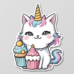 stickers, cute illustration of a unicorn cat, colorful_shapes, kawaii, no bg, pastel colors, delimited lines for cutting,sticker, cute grey cat whit a birthday cake
