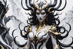 a sculpture of the demon empress scuplt in white marble with black and gold vein, demonic marble body with black vein,horns,underboobs,white marble body with gold details,(best quality,  highres,  ultra high resolution),DonMD3m0nXL ,DonMN1gh7D3m0nXL