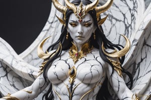 a sculpture of the demon empress scuplt in white marble with black and gold vein, demonic marble body with black vein,horns,underboobs,white marble body with gold details,(best quality,  highres,  ultra high resolution),DonMD3m0nXL ,DonMN1gh7D3m0nXL,uwudemon
