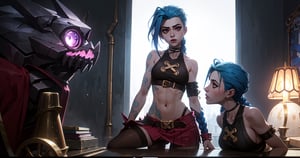 jinx,she is wearing a beautiful croptop, big breast,JINXLOL,arcane style,pantyhouse,stocking,teasing with people around chocked by her posture, aheago