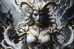 a sculpture of the demon empress scuplt in white marble with black and gold vein, demonic marble body with black vein,horns,underboobs,white marble body with gold details,(best quality,  highres,  ultra high resolution),DonMD3m0nXL ,DonMN1gh7D3m0nXL