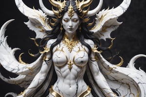 a sculpture of the demon empress scuplt in white marble with black and gold vein, demonic marble body with black vein,horns,underboobs,white marble body with gold details,(best quality,  highres,  ultra high resolution),DonMD3m0nXL ,DonMN1gh7D3m0nXL,uwudemon