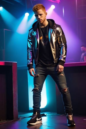 Cyberpunk, Max Thieriot, male prostitute, ginger hair, cyberpunk Mohawk, young man, full body, show feet, metal jeans, big bulge behind crotch, torn hoodie, wifebeater, chrome jacket, chrome shoes, nightclub 