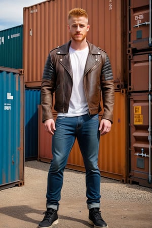 Full body shot, post-apocalyptic leather jacket, bone shoulders, bone sleeves, tight white tee shirt, blue jeans, black hiking shoes, actor Daniel Newman, light ginger hair, buzz cut, mohawk hair, brown eyes, clean shaven, alpha male, jeans bulge, big crotch, big bulge, jutting crotch, shipping containers, late 30s, smirk 