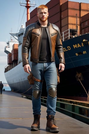 post-apocalyptic armor, leather jacket, shoulders bones decoration, arms bones decorations, blue jeans, codpiece, black hiking shoes, actor Daniel Newman, light ginger hair, buzz cut, brown eyes, clean shaven, alpha male, cargo ship, docks ,CONCEPT CHARACTER,REALISTIC,SDXL 1.0,MODEL,MALE,LegendDarkFantasy