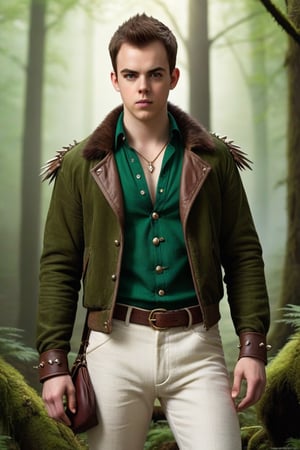 High fantasy, realistic, one male, teenager, standing, hirsute, Sean Murray, Mohawk, brown hair, light brown eyes, lean, primitive, green fur jacket, bone sleeves, mahogany linen shirt, lace-up fly, white linen pants, magic emerald amulets, bone bracers, crotch bulge, big crotch, shoulder bone spikes, forest, hairy chest, hairy male, hairy, whole body shot, detail, high detail