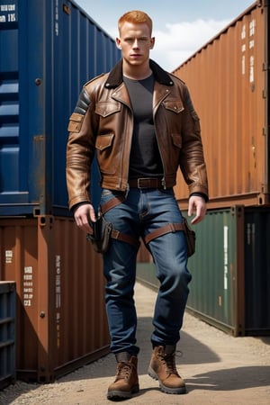 post-apocalyptic armor, leather jacket, bone shoulders, bone sleeves, blue jeans, codpiece, black hiking shoes, actor Daniel Newman, light ginger hair, buzz cut, brown eyes, clean shaven, alpha male, jeans bulge, big crotch, cargo containers, CONCEPT CHARACTER,REALISTIC,SDXL 1.0,MODEL,MALE,LegendDarkFantasy