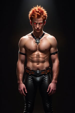 fantasy, realistic, one male, standing, hirsute, actor Daniel Newman, buzz cut hair, light ginger hair, glowing light brown eyes, black leather jock, black leather chaps, black leather harness, black hiking shoes, crotch bulge, big crotch, dark basement, dungeon, red body hair, red hairy chest, hairy male, red hairy arms, red hairy legs, red hairy belly, red hairy armpit, hairy, hairy chest, hairy male, hairy, whole body shot, detail, high detail,dark fantasy,dark anime