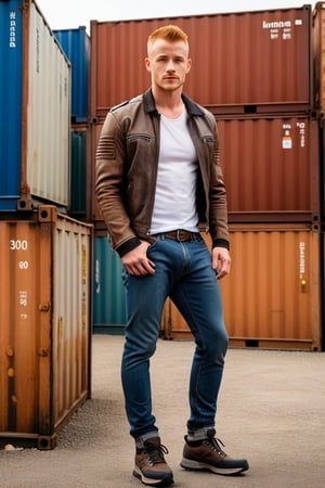 Full body shot, post-apocalyptic leather jacket, bone shoulders, bone sleeves, tight white tee shirt, blue jeans, black hiking shoes, actor Daniel Newman, light ginger hair, buzz cut, mohawk hair, brown eyes, clean shaven, alpha male, jeans bulge, big crotch, big bulge, jutting crotch, shipping containers, late 30s, smirk 