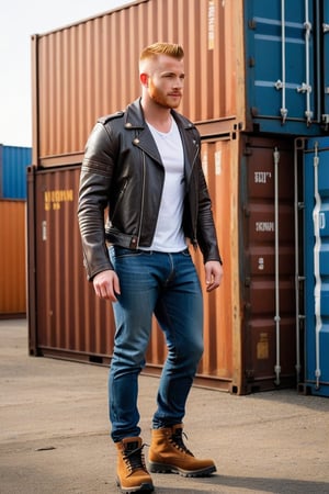 Full body shot, post-apocalyptic leather jacket, bone armor, vinyl sleeves, tight white tee shirt, blue jeans, black hiking shoes, actor Daniel Newman, light ginger hair, buzz cut, mohawk hair, brown eyes, clean shaven, alpha male, jeans bulge, big crotch, big bulge, jutting crotch, shipping containers, late 30s, smirk, bad boy