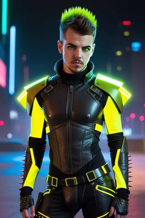 one male, teenager, Sean Murray, brown eyes, brown hair, short hair, neon chartreuse hair tips, Mohawk, black cyberpunk armor with chartreuse lights, black cyberpunk domino mask, full body, cyberpunk codpiece, crotch bulge, big crotch, spiked crotch, spiked shoulders, cyberpunk boots with glowing chartreuse laces