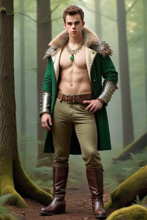 High fantasy, realistic, one male, teenager, standing, hirsute, Sean Murray, Mohawk, brown hair, light brown eyes, lean, primitive, silver crown, fur jacket, bone sleeves, green linen shirt, olive linen pants, magic gems amulets, bone bracers, bone boots no laces, crotch bulge, big crotch, shoulder bone spikes, boot bone spikes, bone decoration, forest, hairy chest, hairy male, hairy arms, hairy legs, hairy groin, hairy belly, hairy armpit, hairy, whole body shot, detail, high detail