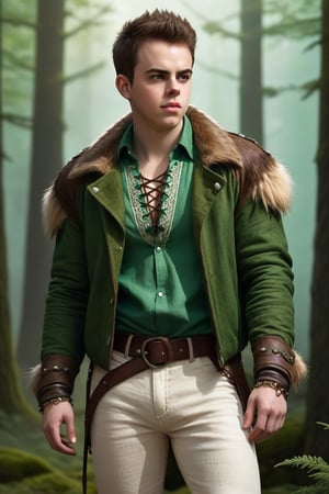 High fantasy, realistic, one male, teenager, standing, hirsute, Sean Murray, Mohawk, brown hair, light brown eyes, lean, primitive, green fur jacket, bone shoulder spikes, brown linen shirt, lace-up fly, white linen pants, big glowing emerald amulet, bone bracers, fur boots, crotch bulge, big crotch, forest, hairy chest, hairy male, hairy, whole body shot, detail, high detail