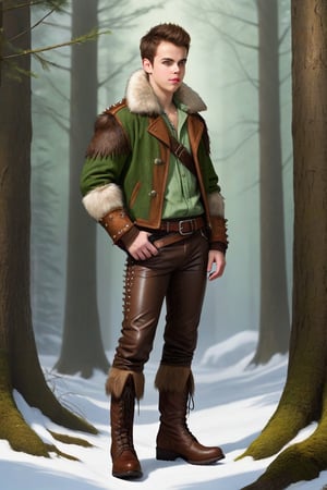 one male, teenager, standing, hirsute, Sean Murray, Mohawk, brown hair, light brown eyes, lean, primitive, fur jacket, leather sleeves, green linen shirt, leather pants, lace-up fly, magic amulets, fur bracers, fur boots no laces, crotch bulge, big crotch, shoulder bone spikes, boot bone spikes, bone decoration, forest, hairy chest, hairy male, hairy arms, hairy legs, hairy groin, hairy belly, hairy armpit, hairy, whole body shot, detail, high detail