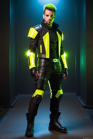 one male, teenager, Sean Murray, brown eyes, brown hair, short hair, neon chartreuse hair tips, Mohawk, black cyberpunk armor with chartreuse lights, black cyberpunk domino mask, black cyberpunk pants with chartreuse lights, full body, cyberpunk crotch, crotch bulge, big crotch, shoulder spikes, cyberpunk boots with glowing chartreuse laces, boot spikes