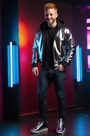 Cyberpunk, Max Thieriot, male prostitute, ginger hair, cyberpunk Mohawk, young man, full body, show feet, metal jeans, big bulge behind crotch, hoodie, wifebeater, chrome jacket, chrome shoes, nightclub, smile
